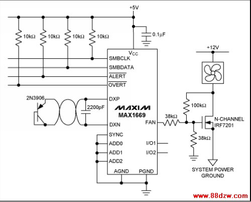 Figure 1. Typical circuit for linear control of a fan using the MAX1669.