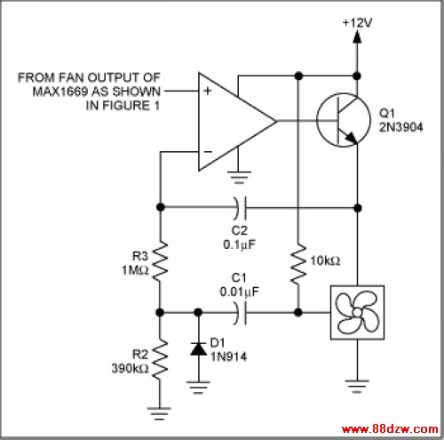 Figure 3. Using this fan control amplifier with the MAX1669 will provide full range linear regulation (as opposed to fan control) of fans equipped with tachometer outputs.