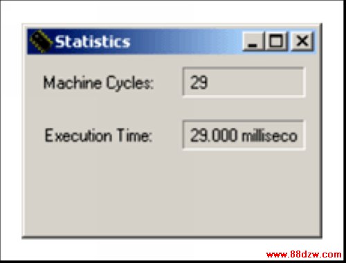 Figure 6. The Statistics window lets you monitor machine cycles and execution time.