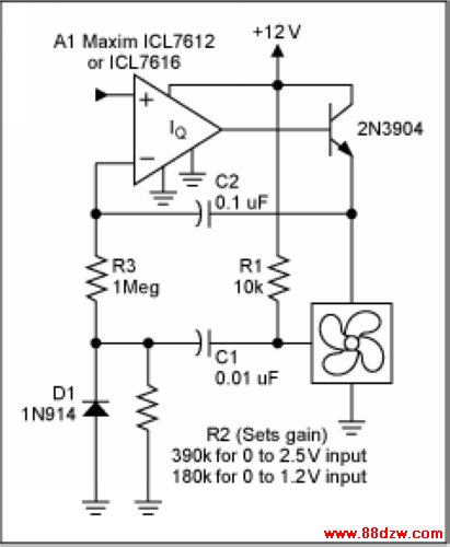 Figure 3. This closed loop fan control amplifier, for use with ICs such as those shown in Figure 2, uses the tachometer signals for feedback. This provides linear control over the full output range of the DAC. The fan will reliably start at any setting without the need to take the fan to full speed first.