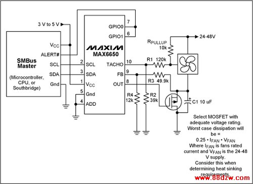 Figure 7. This circuit enables the MAX6650 to control a 48 volt fan by attenuating the feedback and tachometer signals to levels similar to what a 12 volt fan would produce.