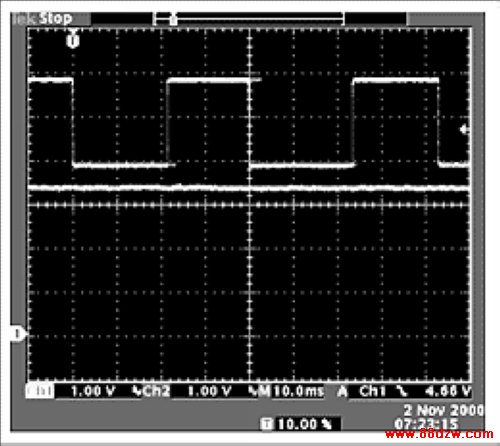 Figure 8. The scope photo on the left is taken at 780 rpm, driving a 48 volt motor. The right trace is taken at 1526 rpm. The square waveform is the tach signal at the TACHO pin of the MAX6650. The straight line is the feedback, taken at the FB pin of the MAX6650. Note that the voltage at the FB pin is more negative than the TACHO pin over the operating range of the fan. This is insured by setting the R3/R4 combination in Figure 7 for slightly more attenuation than the R1/R2 combination.
