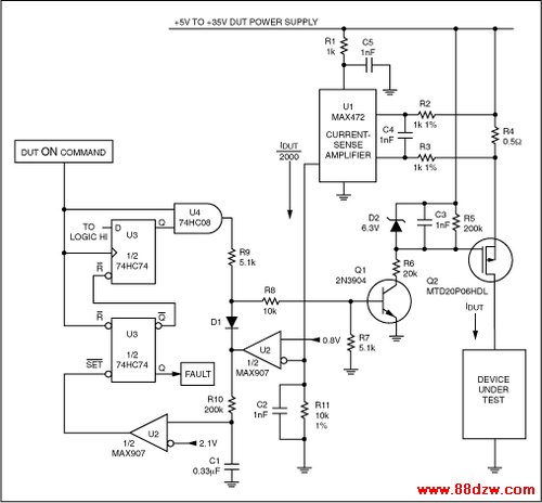Figure 6. This circuit detects excessive current flow into the device under test, subsequently removes power from the device, and identifies the failed device to the tester's microprocessor via the fault signal.