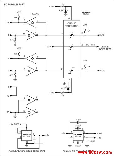 Figure 2. This parallel-port-to-I2C interface provides the open-collector connection to the I2C serial port mandated by the I2C specification. The MAX367 circuit-protector IC keeps voltages that exceed the supply rails from damaging the interface circuitry as well as the parallel port itself.