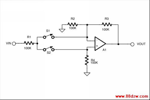 Figure 1. When S1 is open and S2 closed, this circuit is an inverting amplifier with a gain of -1. When S1 is closed and S2 opened, the circuit is a noninverting amplifier with a gain of +1.